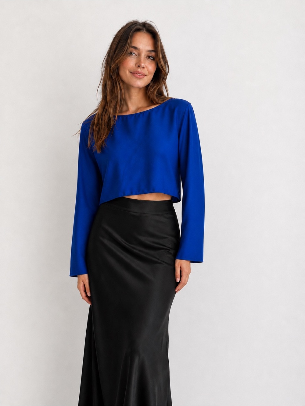 NWT Blue Satin Crop Long Sleeve Blouse Size Large Antonio Melani